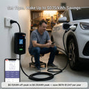 Man using a smartphone to monitor an electric vehicle charging station with text about energy savings.