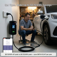Man using a smartphone to monitor an electric vehicle charging station with text about energy savings.