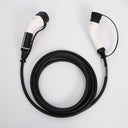 An electric vehicle charging cable with a coiled black hose and two white and black connector heads, photographed on a clean white background.