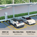 An electric vehicle charging station scene showing two cars plugged into charging ports under a canopy, with text overlays specifying 250V AC, 16A/20A/32A rated current, and 10,000 uses plug lifespan.
