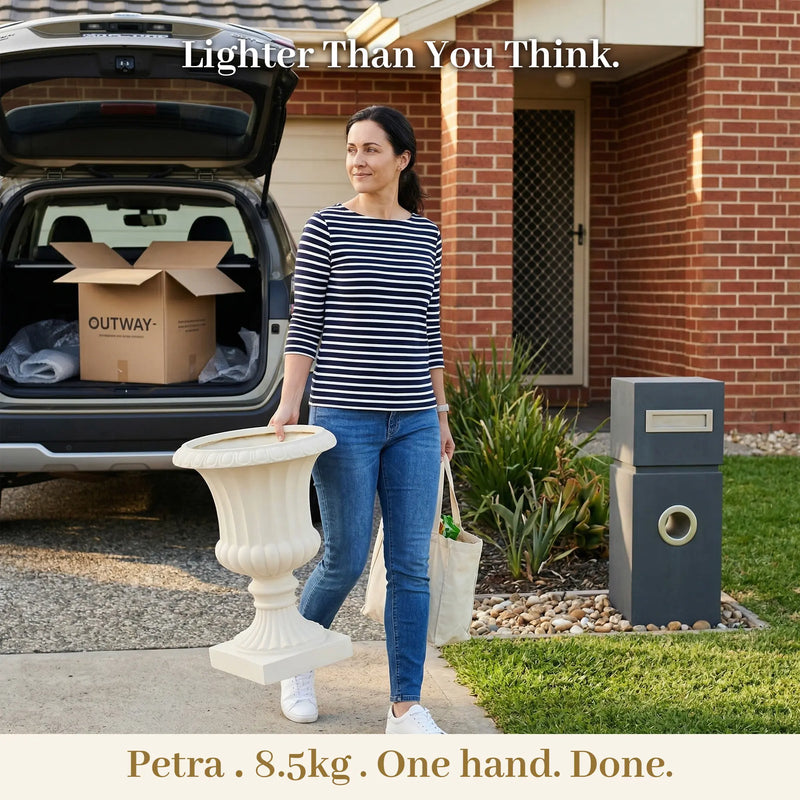 Outway F005 Petra roman sandstone planter 8.5kg woman carrying one-handed from car driveway brick home Outway box in boot