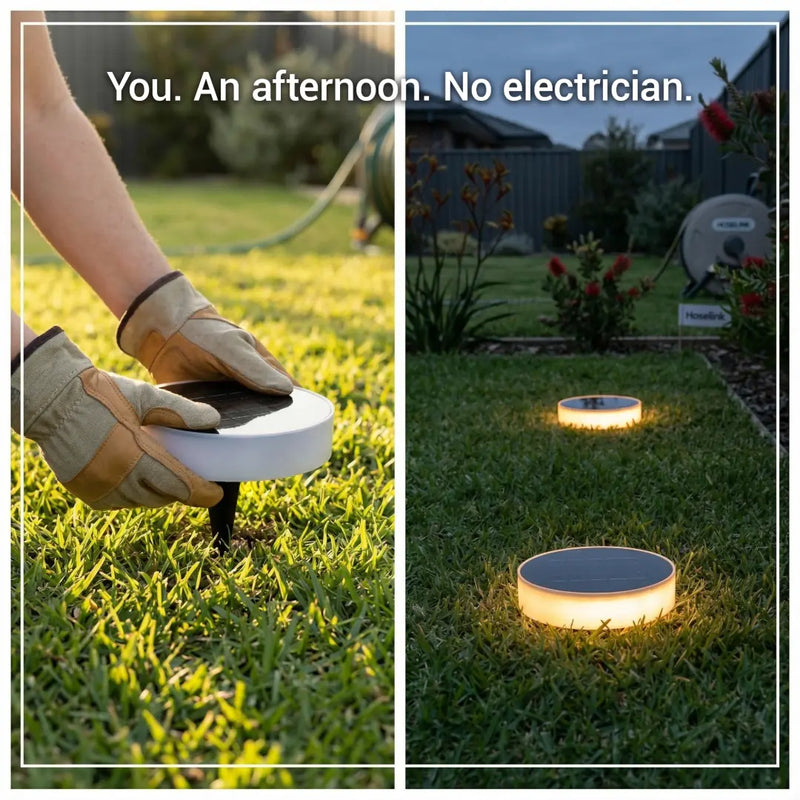 DIY installation of solar ground lights, showing a hand inserting the light into the grass and the illuminated result, text "No electrician needed".