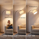 Floor lamp demonstrating reading focus, wall wash, and ceiling bounce effects in a living room setting.
