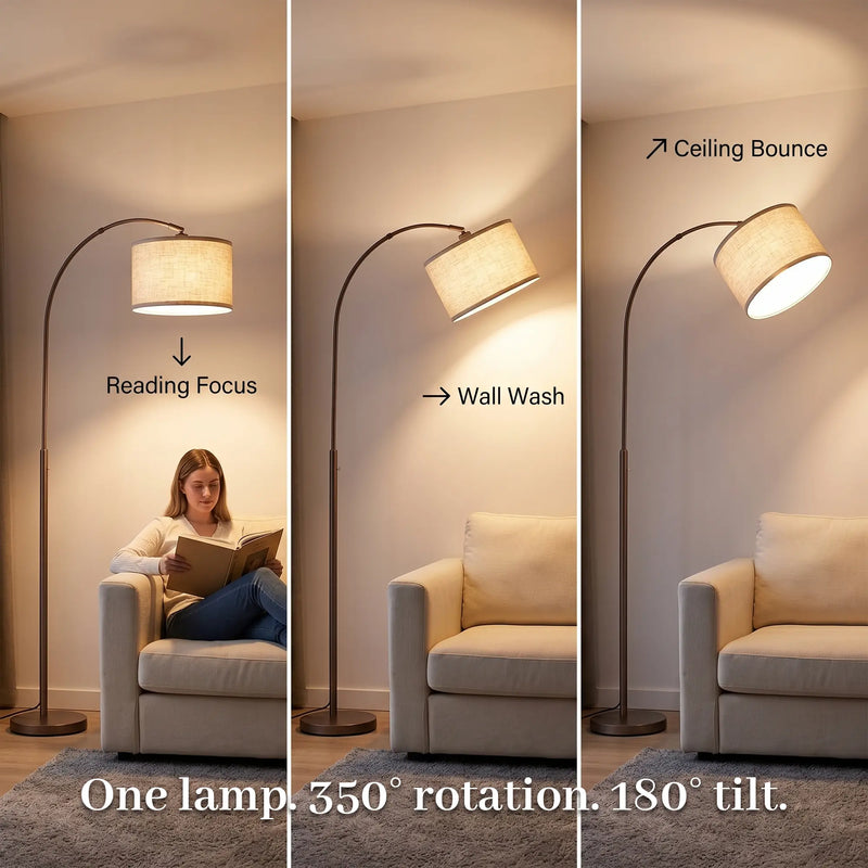 Floor lamp demonstrating reading focus, wall wash, and ceiling bounce effects in a living room setting.