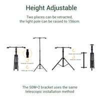 Height adjustable LED worklight stand with telescopic installation method on a white background