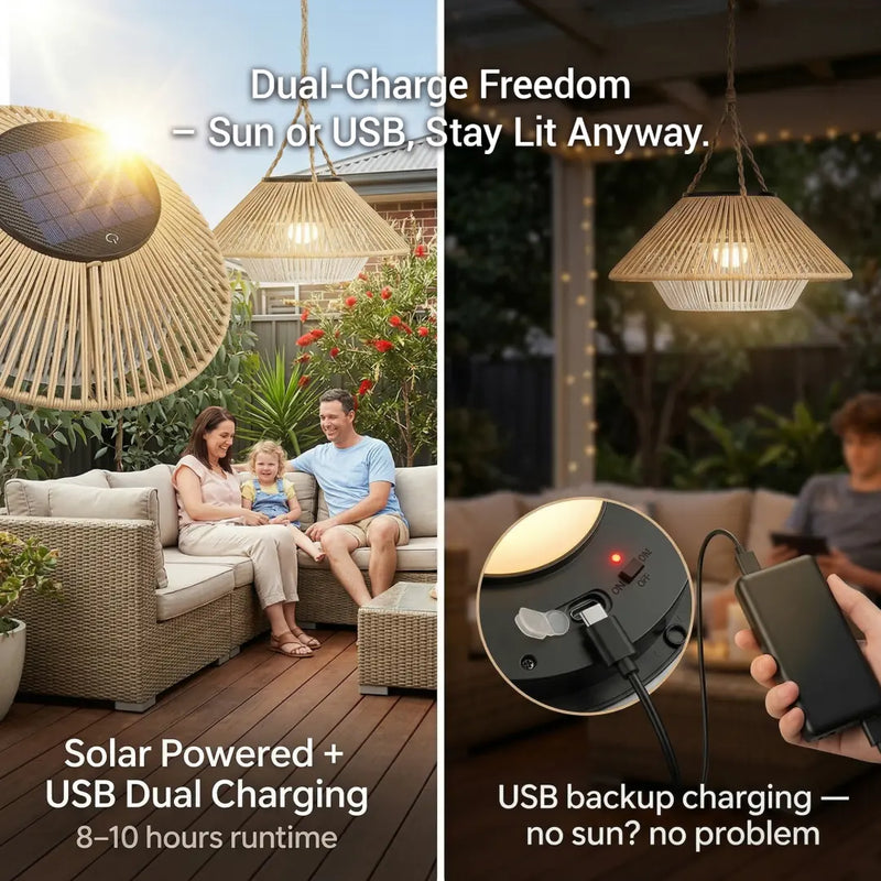 Split image showing the HAIKU light's dual charging capabilities: solar powered by the sun during the day and USB backup charging at night for reliability.