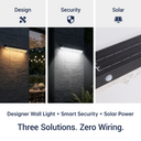 Outdoor wall light fixture with design, security, and solar power features.