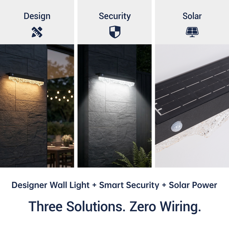 Outdoor wall light fixture with design, security, and solar power features.