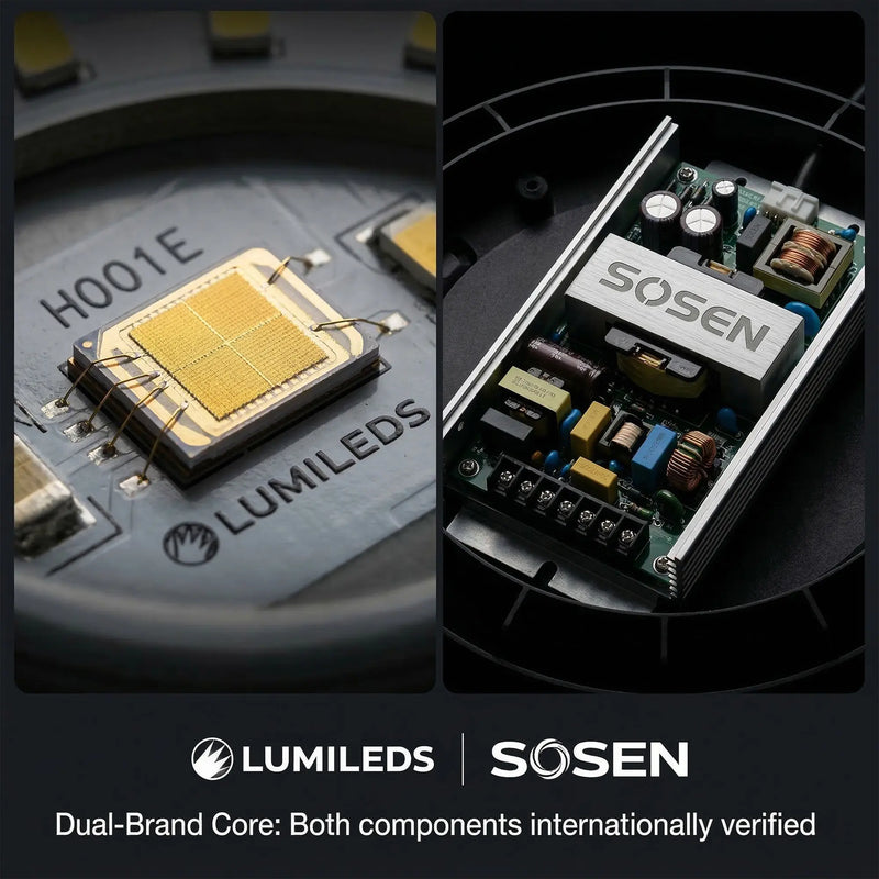 Close-up of Outway High bay LED light's dual-brand core components, Lumileds LED chip on the left and Sosen driver on the right 