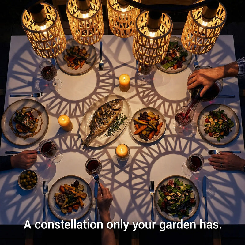 Dining table set with plates of food, candles, and people eating in a cozy setting.Outway PT0912 solar rattan pendant light six heads glowing evenly under timber pergola string lights visible beyond evening sky