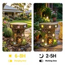 Outway Tree Stump stool with squirrel figures and lights, shown outdoors with charging and working time indicators.