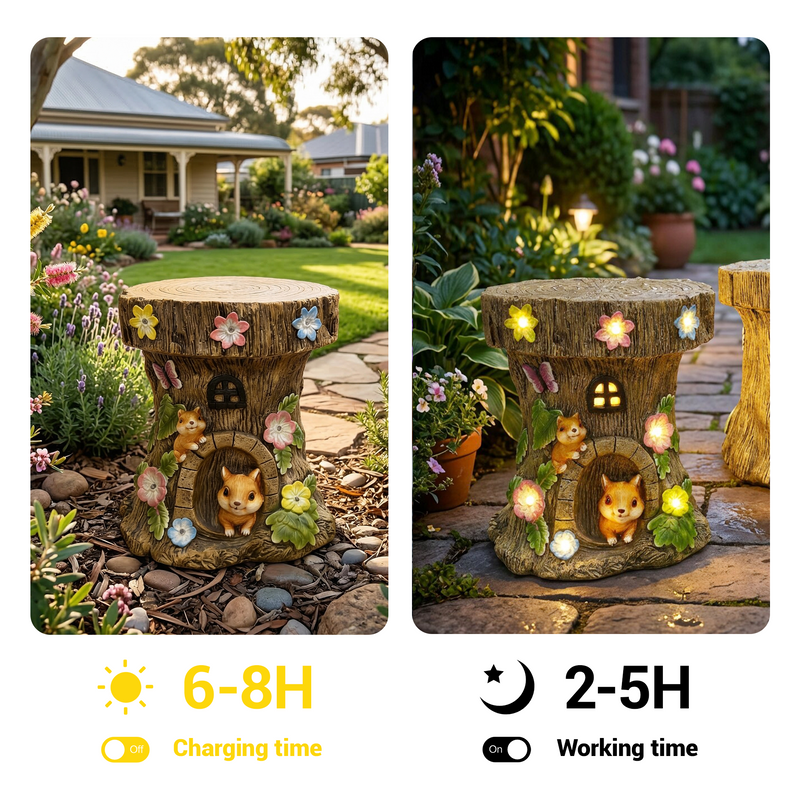 Outway Tree Stump stool with squirrel figures and lights, shown outdoors with charging and working time indicators.