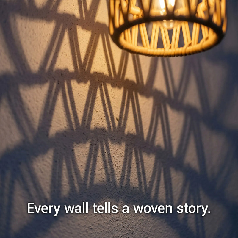 Outway Kasa PT0909 woven rattan shadow pattern close up warm amber glow textured wall every wall tells a woven story