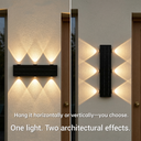 Modern wall-mounted light fixture on a textured wall with text indicating flexibility in installation direction.