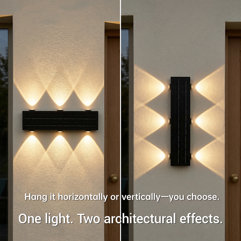 Modern wall-mounted light fixture on a textured wall with text indicating flexibility in installation direction.