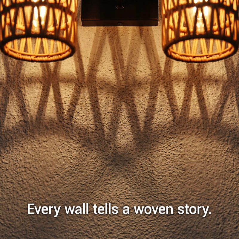 PT0910 double rattan wall light two shades glowing overlapping woven shadow close up every wall tells a woven story