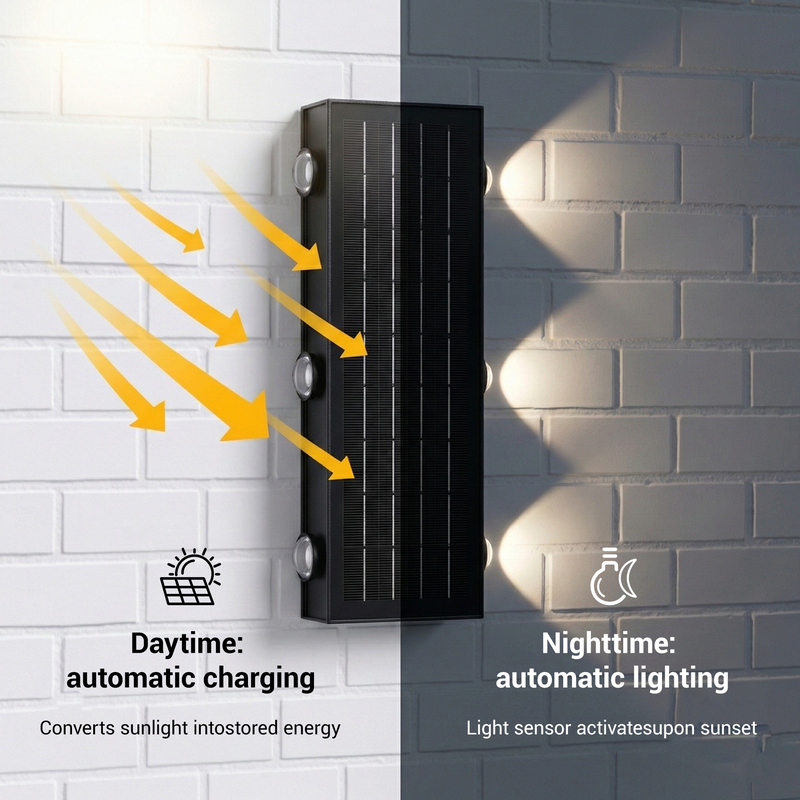 Day and night auto mode: charges during the day, lights up automatically at dusk