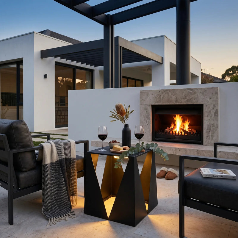 Modern outdoor living space with a fireplace, chairs, and a table.