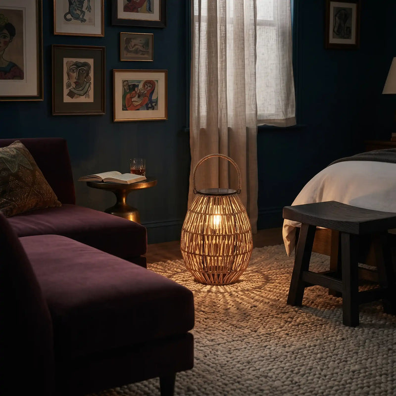 A woven rattan lantern-style floor lamp with a warm glowing light inside, placed on a textured rug in a styled bedroom with dark blue walls, a bed, and a dark purple sofa.