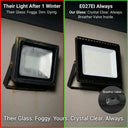 Anti-fog LED work light comparison, foggy vs crystal clear flood light glass, E027EI work light with built-in breather valve