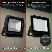 Anti-fog LED work light comparison, foggy vs crystal clear flood light glass, E027EI work light with built-in breather valve