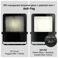  A side-by-side comparison showing a standard PC cover fogged up after one winter versus the E017EI's patented 95% transparent tempered glass with a breather valve, which remains crystal clear forever.