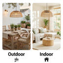 Two images showing outdoor and indoor settings with wicker furniture and plants.