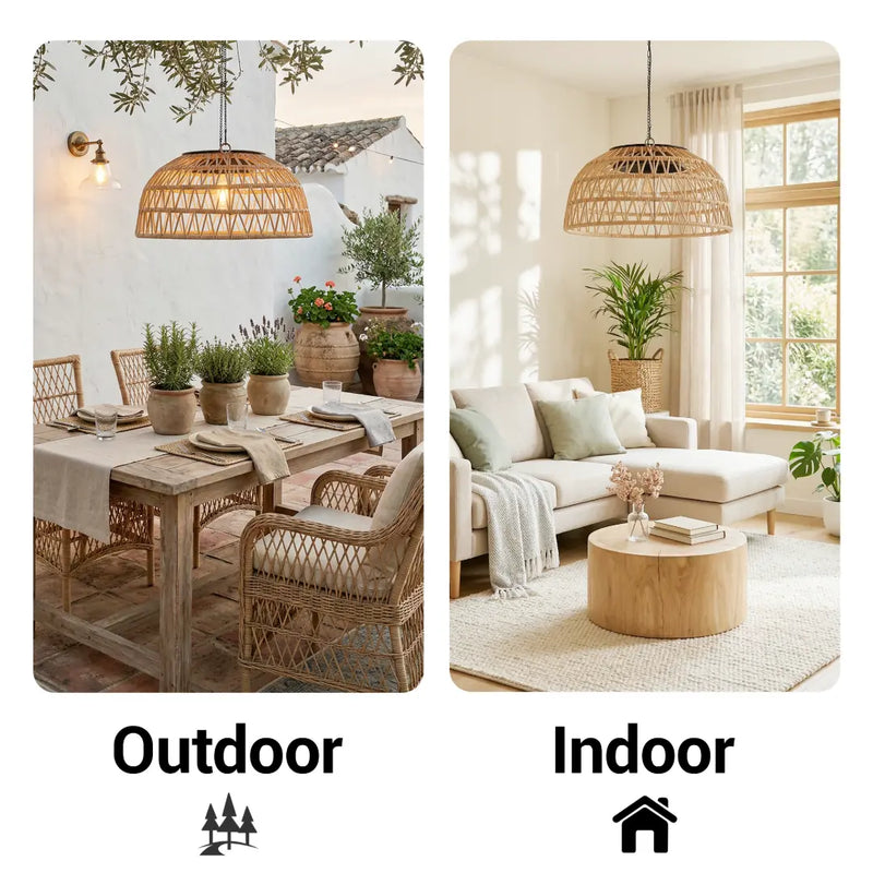 Two images showing outdoor and indoor settings with wicker furniture and plants.