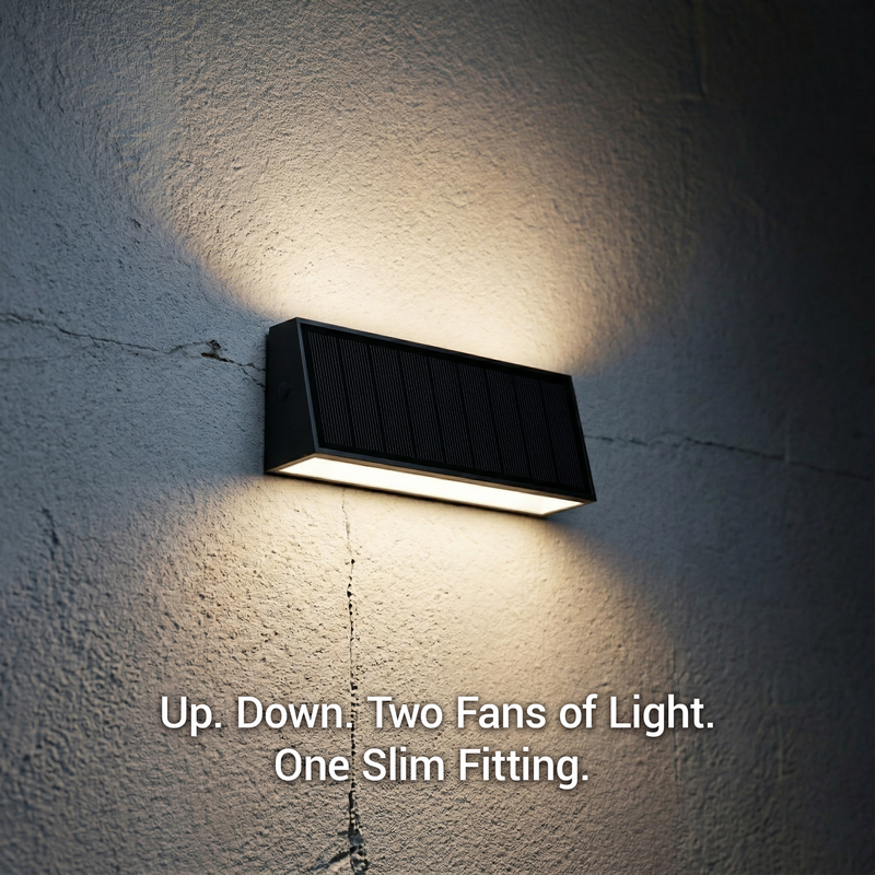 A slim rectangular black solar wall light mounted on a textured gray wall, casting warm light upward and downward. White text at the bottom reads: 'Up.