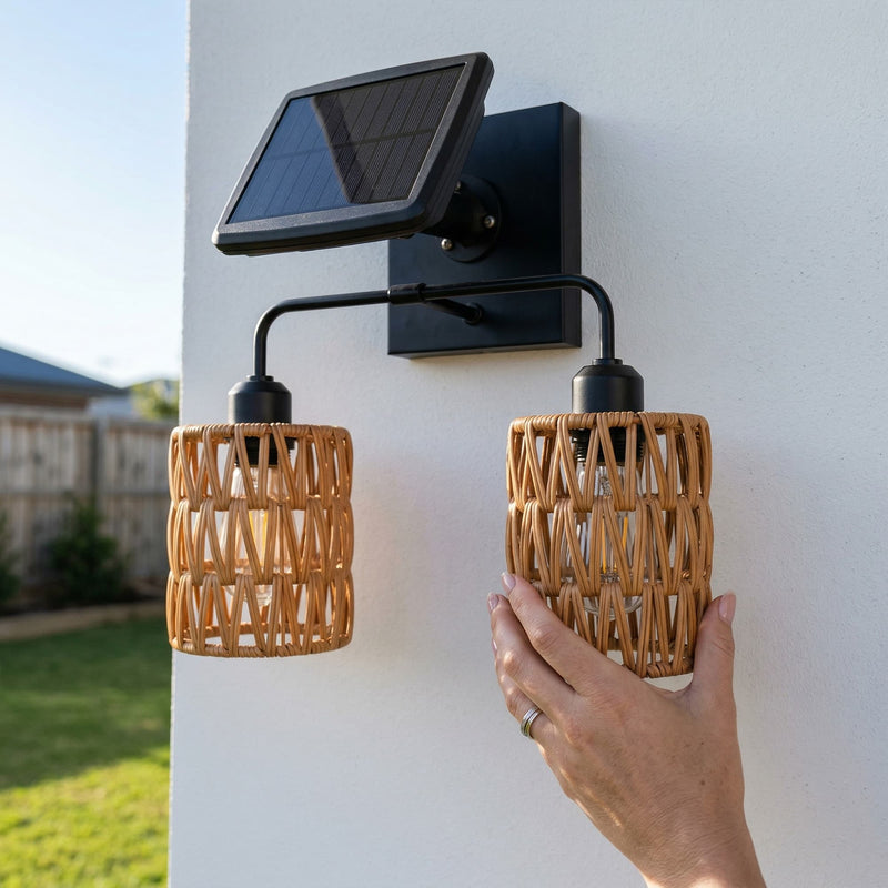 Hand adjusting PE rattan shade on wall-mounted unit — emphasizes easy maintenance and tactile quality of durable, weatherproof material designed to withstand coastal spray and intense sun.