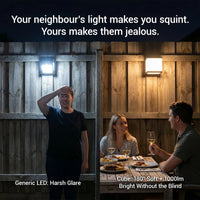 Split comparison showing a generic solar LED light causing harsh glare on the left vs the Outway solar wall light delivering soft 1000lm warm light on the right.