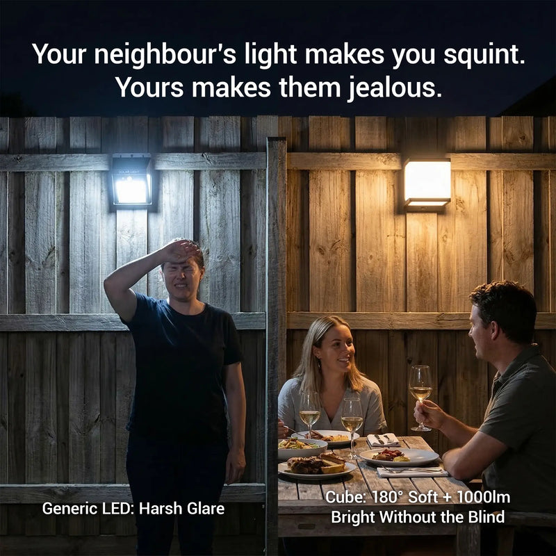 
Split comparison showing a generic solar LED light causing harsh glare on the left vs the PT0711 Cube delivering soft 1000lm warm light on the right, with a couple dining outdoors. Headline: "Your neighbour's light makes you squint. Yours makes them jealous."