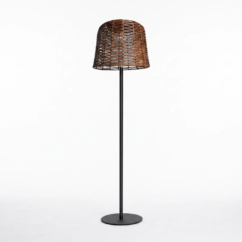 Studio shot of PT0908 against white background — clean profile reveals 1480mm height, 230mm shade diameter, and matte black iron stand with circular base for modern outdoor styling.