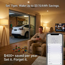 Living room with a man using a smartphone, a car in the garage, and text about energy savings.