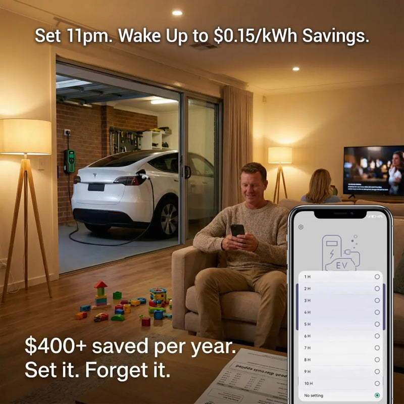 Living room with a man using a smartphone, a car in the garage, and text about energy savings.