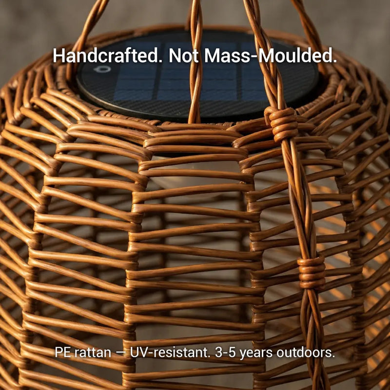  Close-up of handwoven PE rattan texture on the solar pendant light, highlighting craftsmanship with text "Handcrafted. Not Mass-Moulded." and durability note: UV-resistant, lasts 3-5 years outdoors.