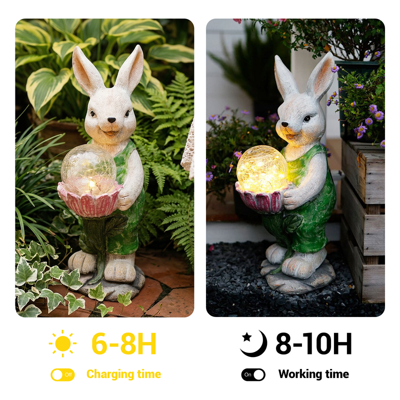 Side-by-side comparison of a rabbit garden statue shown in daylight and at night, with labels indicating 6–8 hours of solar charging time and 8–10 hours of working time.