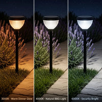Three solar garden lights emitting different colored lights in a garden setting.