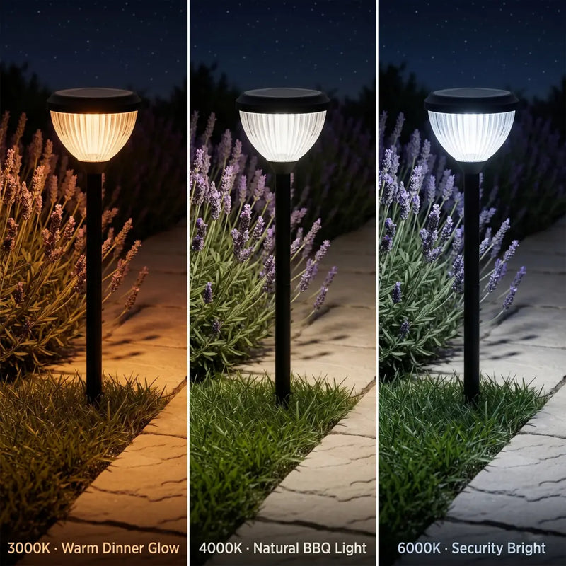 Three solar garden lights emitting different colored lights in a garden setting.