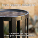 Metal table with text highlighting marine-grade material and weather-resistant properties.