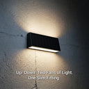 Tenox PT0716 solar wall light on textured wall showing dual up-and-down fan beams of warm white light at night