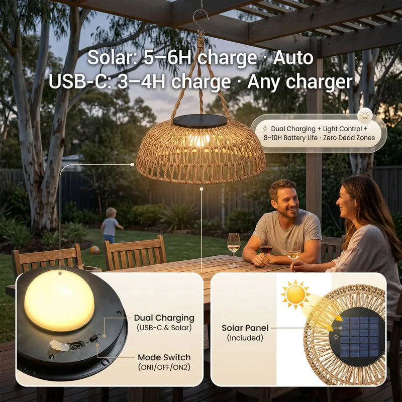A family gathering around an outdoor table at night, enjoying a barbecue dinner illuminated by two PT0901 Kiku Solar Rattan Hanging Lanterns.