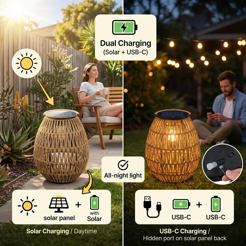 Split-panel infographic showing dual charging for the PT0906 lamp: left side depicts solar charging during daytime with woman relaxing nearby; right side shows USB-C charging at night with man using phone, highlighting “All-night light” and hidden port location.