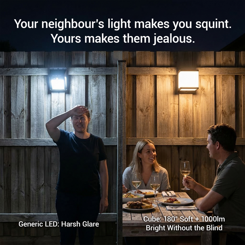 Two people sitting at a table with a third person standing, comparing light sources.