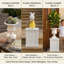 Three-panel comparison: Flora Planter 35cm on tabletop, Flora Pedestal 47cm with Hoppi rabbit, Flora Combo 82cm at front door with child — same Roman fluted fiberglass design — F004-F006-planter-pedestal-combo-three-options-comparison