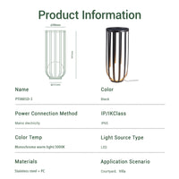 Product information card for a black indoor floor lamp fixture with dimensions and specifications.