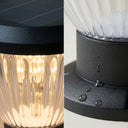 Close-up split image of OUTWAY Priva PT0111 solar pillar cap light showing warm white LED array inside ribbed PC lens on the left and waterproof sealed aluminium base with water droplets on the right
