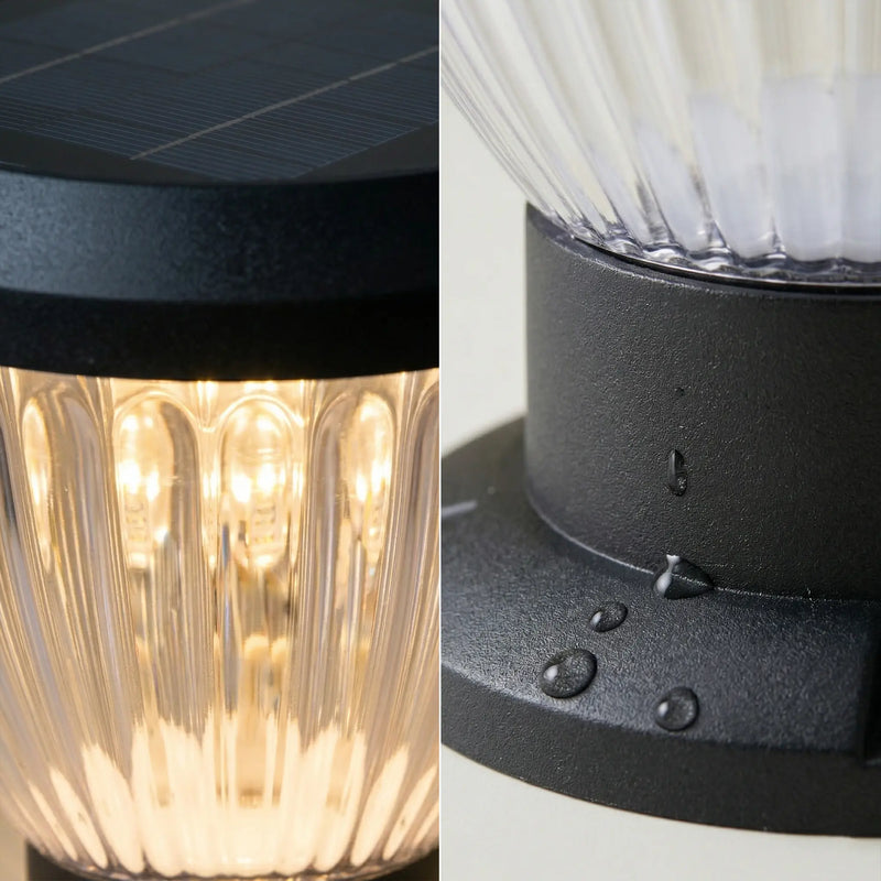 Close-up split image of OUTWAY Priva PT0111 solar pillar cap light showing warm white LED array inside ribbed PC lens on the left and waterproof sealed aluminium base with water droplets on the right