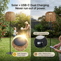 A split-screen image showcasing the PT0908 Floor Lamp's dual charging modes: solar charging on the left and USB-C charging on the right, with a family playing on the lawn in the background, highlighting the 'Solar + USB-C Dual Charging. Never run out of power.' all-weather power reliability.