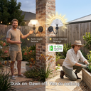 Two people in a garden with solar lights and text about auto light sensor and solar energy storage.